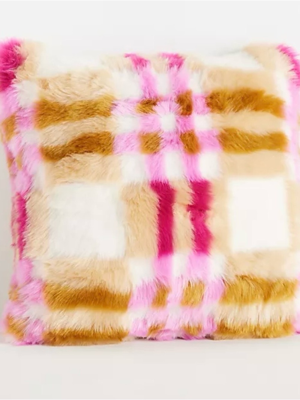 Anthropologie Pink, White & Tan Faux Fur Plaid Pillow